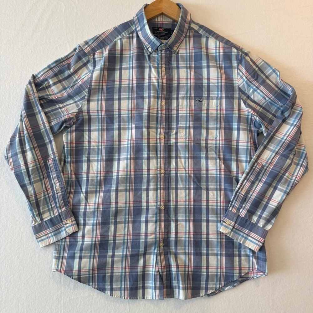 Vineyard Vines Performance Classic Fit Tucker Shirt Blue Plaid Mens Large